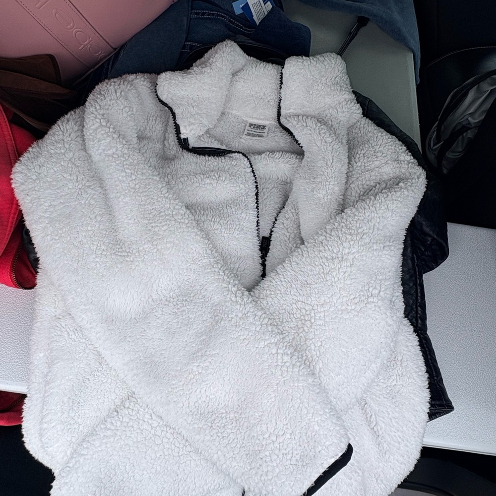 PINK Victoria's Secret white Sherpa Jacket with Black Trim